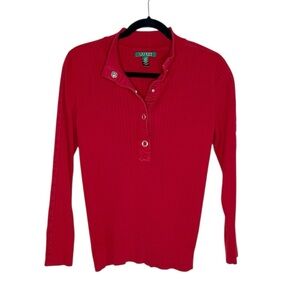 Lauren Ralph Lauren 100% Cotton Ribbed Half Snap Long Sleeve Top